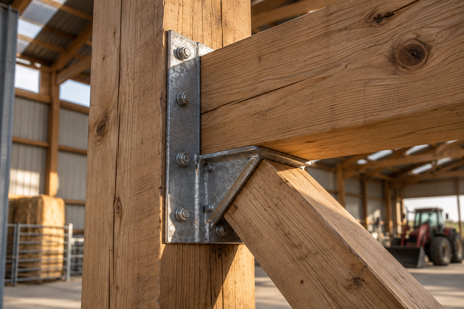Timber beam connected to a steel bracket in a farm building