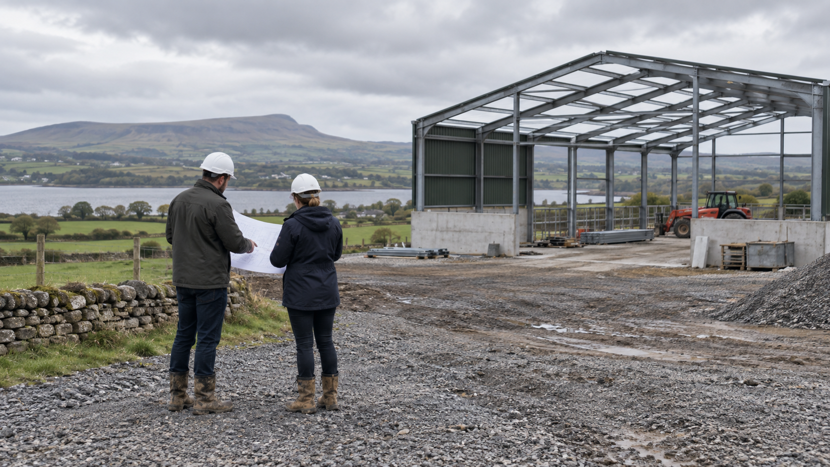 Two project professionals reviewing plans at a rural construction site